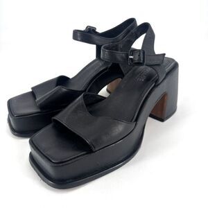 L'Intervalle Platform Sandals Size 40 Black Leather Chunky Heels Made in Spain